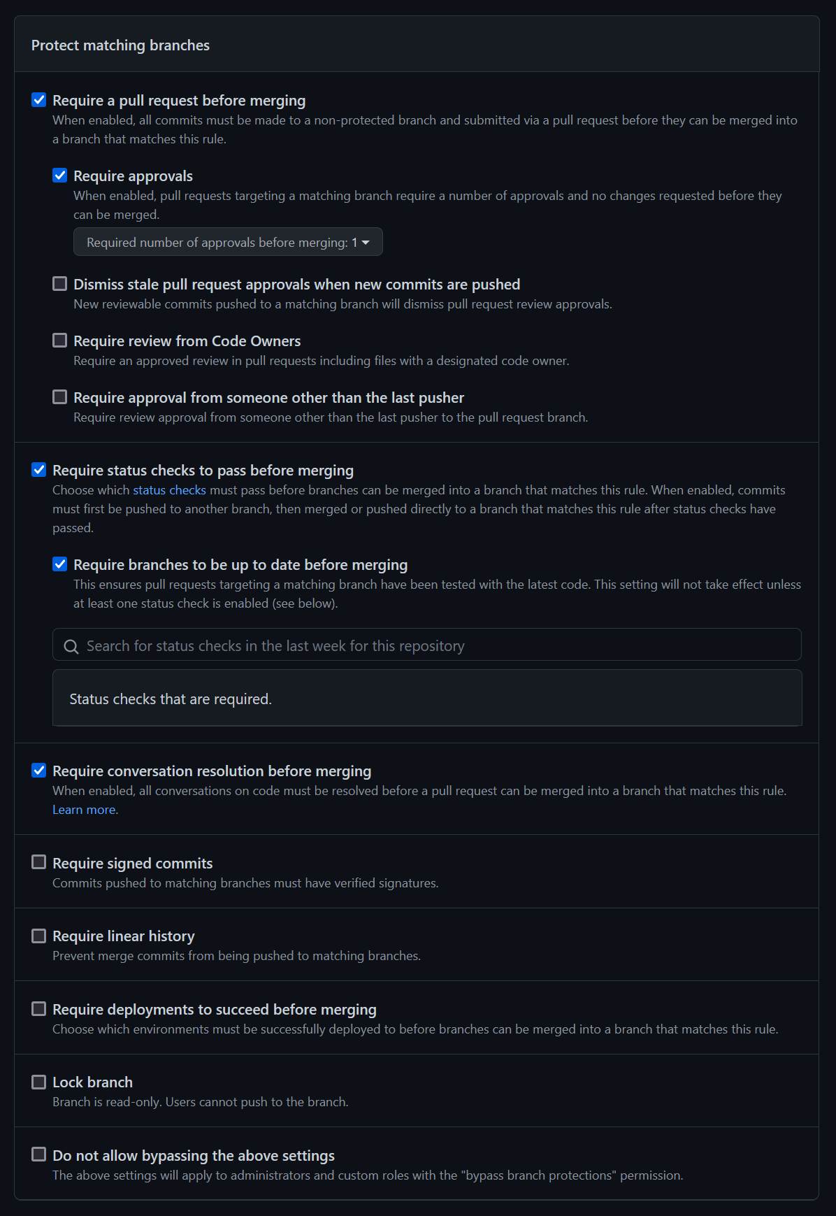 GitHub's individual Branch Protection Rules settings pane