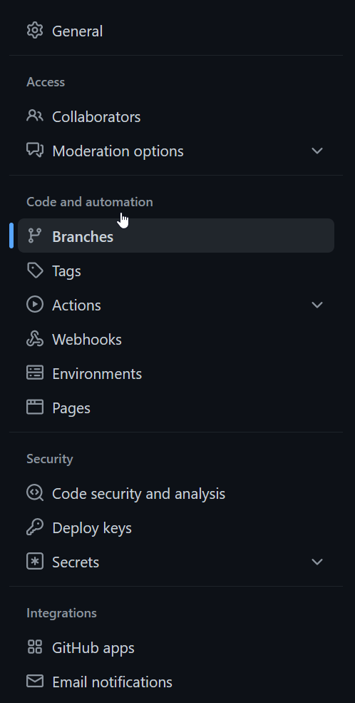 GitHub's settings menu with the Branches section highlighted