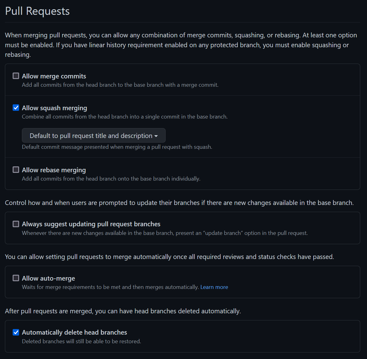 GitHub's Pull Request settings pane